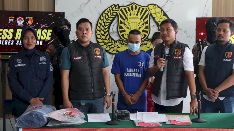 BR, pelaku pencabulan warga Kab. Semarang di hadapan wartawan hanya menunduk saat Press Release di Polres Semarang, Jum'at (26/4). Erna Yunus B/RMOLJateng