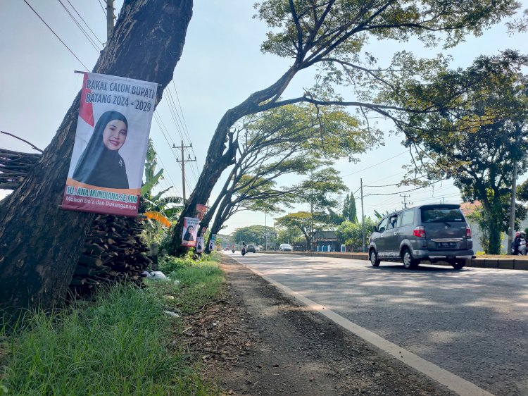 Poster kecil Bakal calon Bupati Batang berinisial AM penuhi pohon jalur pantura , Rabu (26/6). Bakti Buwono/ RMOL Jateng